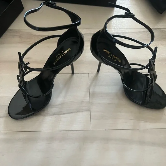 Saint Laurent Glossy Black Strappy Heels - Picture 4 of 6
